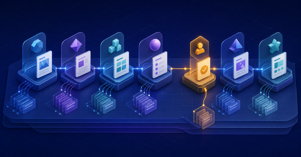 Specialized AI agent stages pass versioned content artifacts through a human approval gate