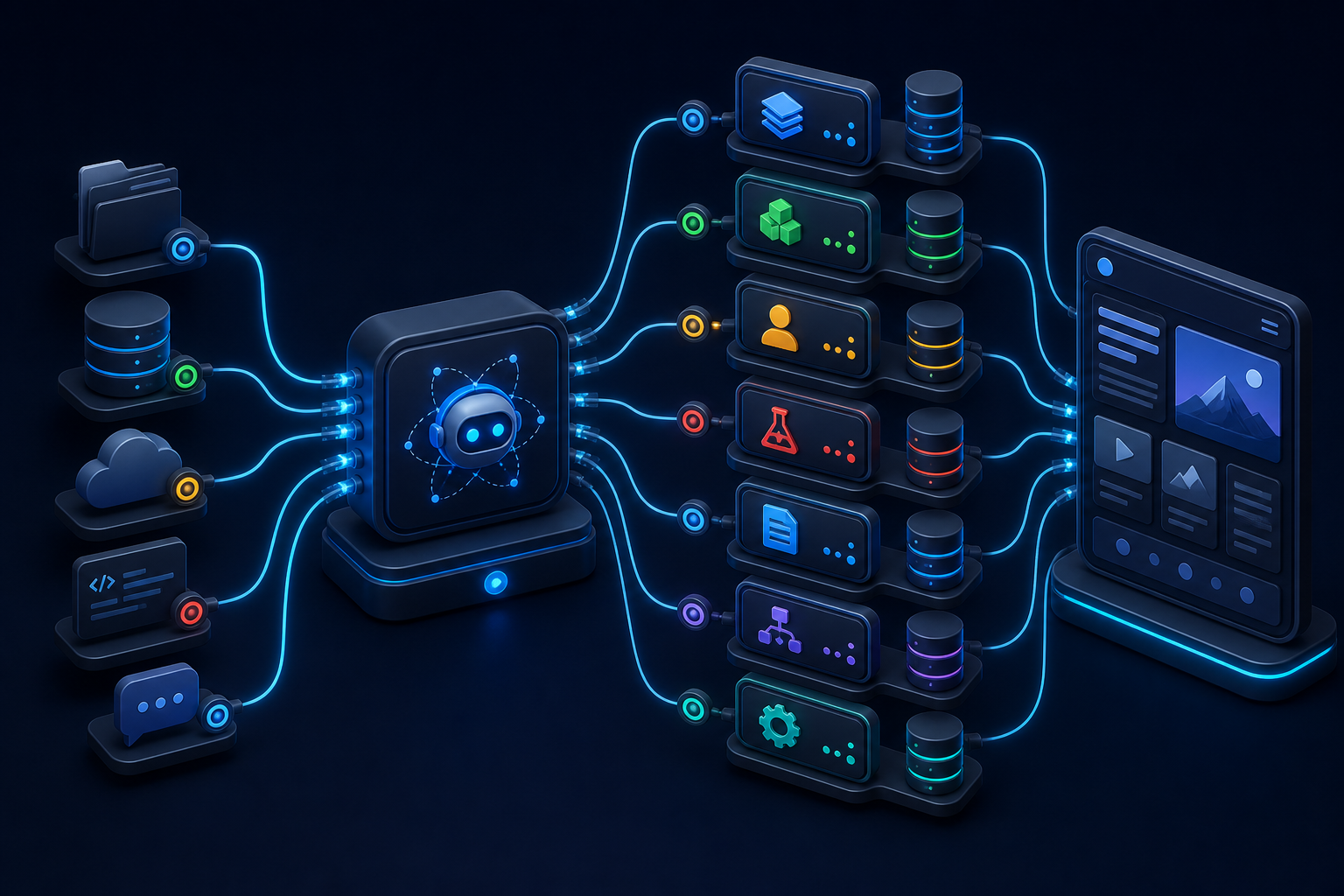 Dark isometric Agent API hub branching into endpoint families for pages, components, content, personalization, experiments, briefs, flows, and jobs.