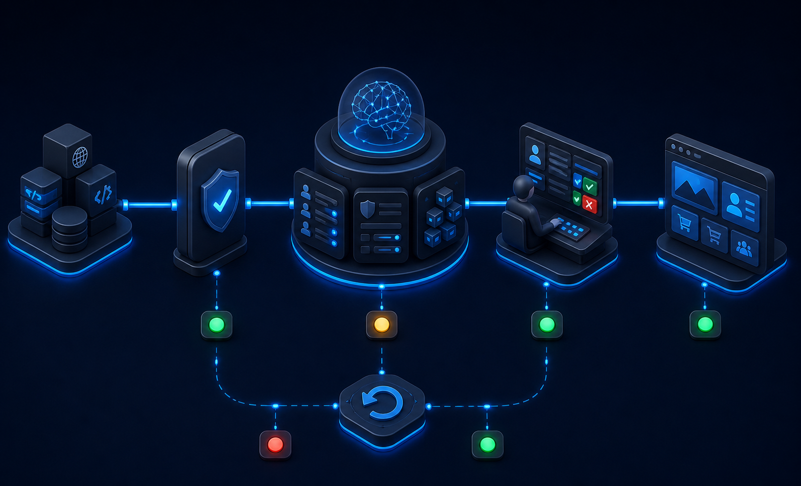 Dark isometric governance flow showing policy gate, permission scopes, audit ledger, human approval, controlled SitecoreAI action, and recovery node.