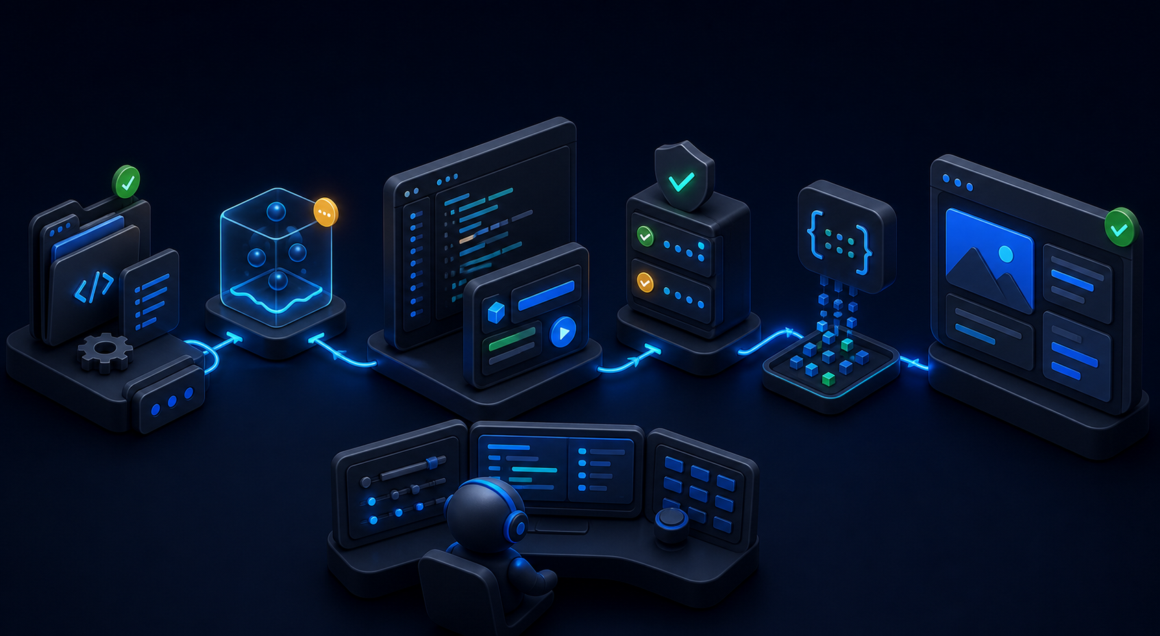 Dark isometric developer workflow showing configuration, request building, validation checks, response parsing, and a completed SitecoreAI page update.