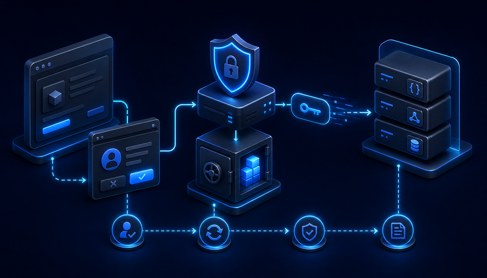 Dark isometric illustration of an OAuth authorization flow with consent, token exchange, scoped access, and a protected Agent API request.