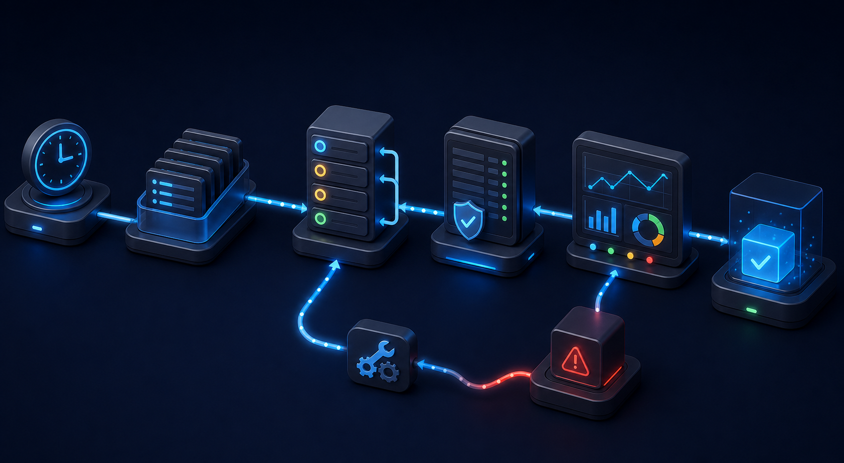 Dark isometric operations flow showing scheduled triggers, request batches, retry queue, idempotency ledger, metrics dashboard, alert path, and recovery.