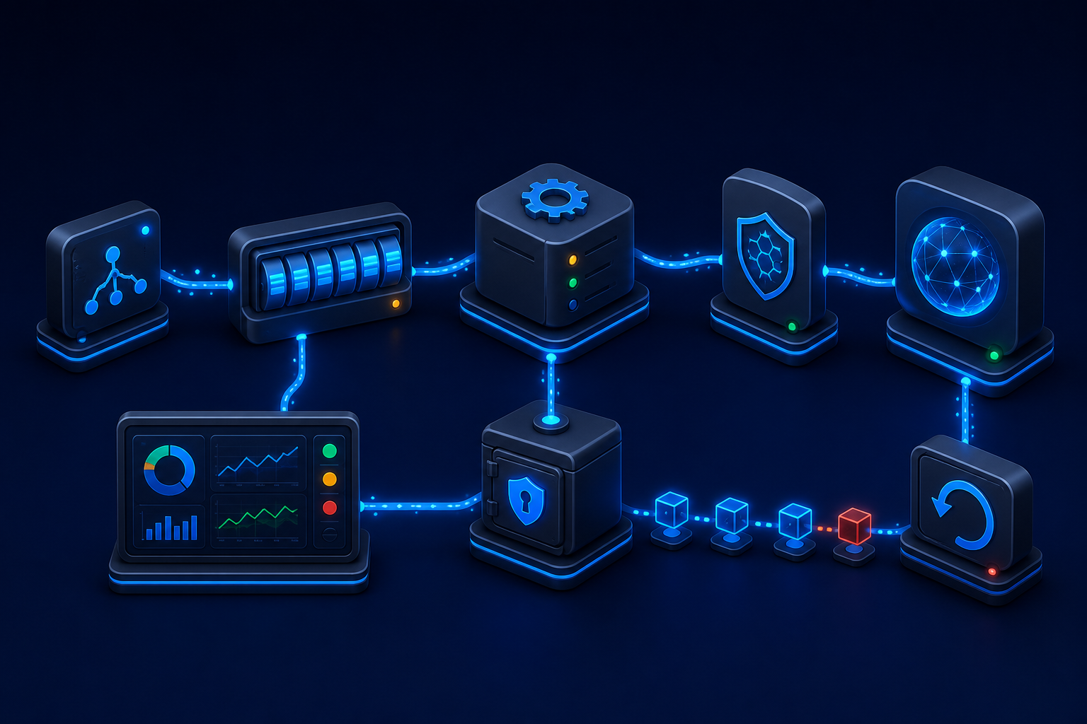 Dark isometric production architecture showing events, queue, worker service, token vault, Agent API gateway, observability, and rollback path.