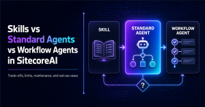 Comparison of SitecoreAI skills, standard agents, and workflow agents across trade-offs, limits, and use cases