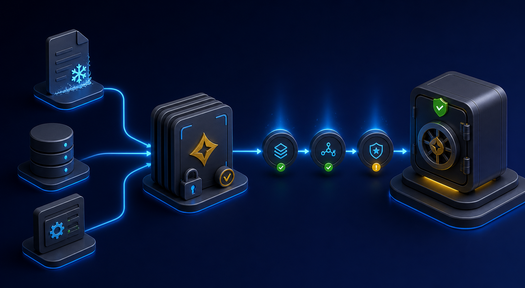 Isometric flow showing frozen agent inputs becoming a versioned golden artifact and approved baseline