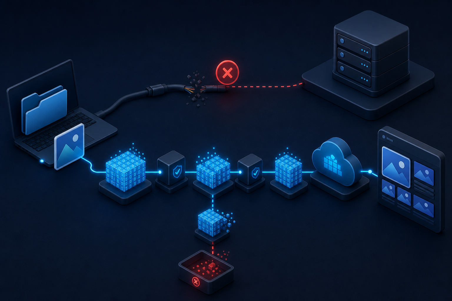 Remote MCP file flow contrasting a broken local path with validated Base64 upload and a detected truncated payload