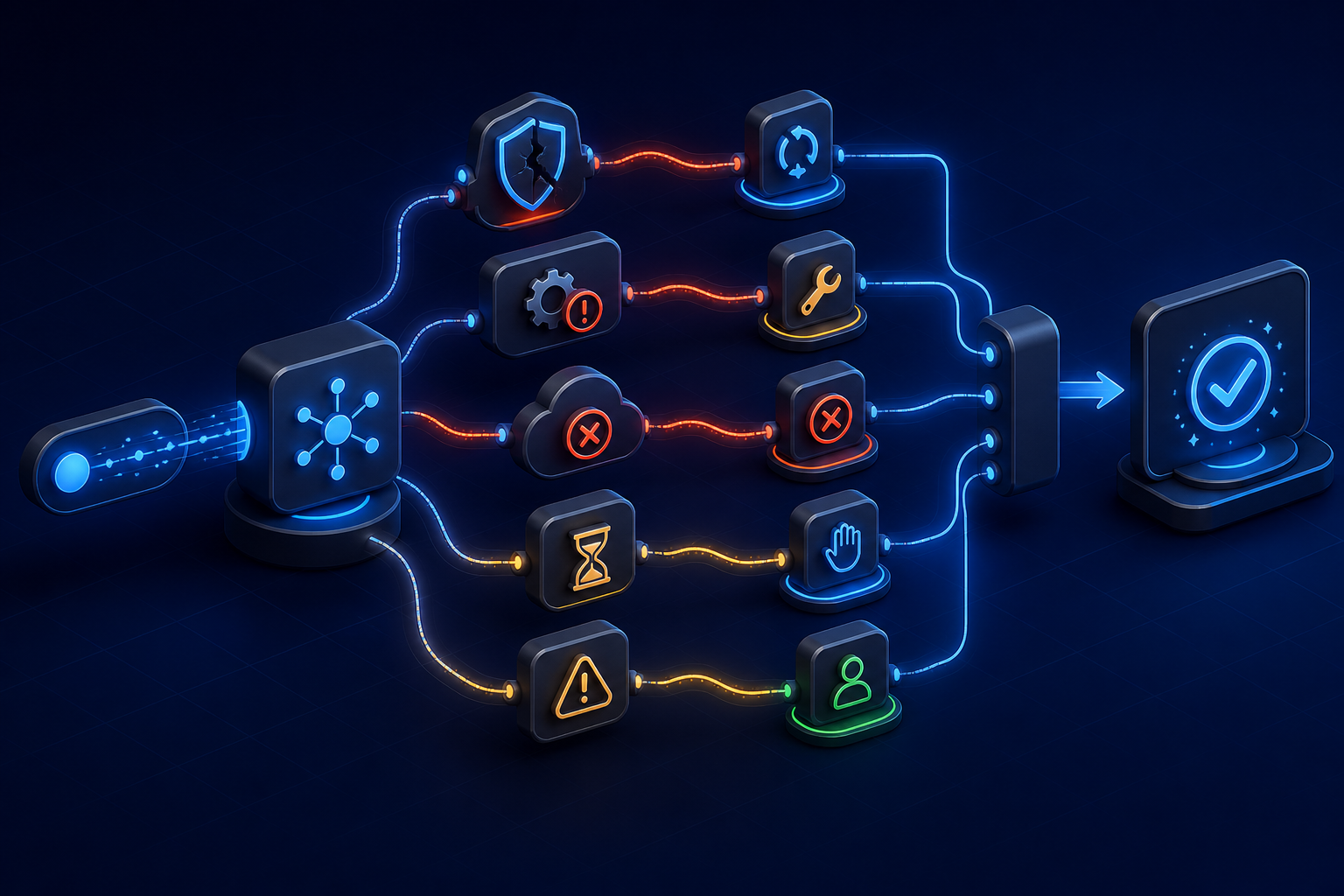 Diagnostic flow separating MCP protocol errors, tool execution failures, API outages, rate limits, and recovery paths