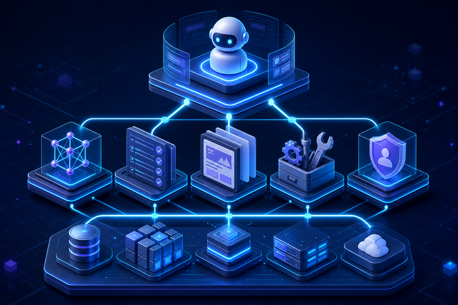 Agents, skills, schemas, templates, tools, and permissions connected in a SitecoreAI operating model.