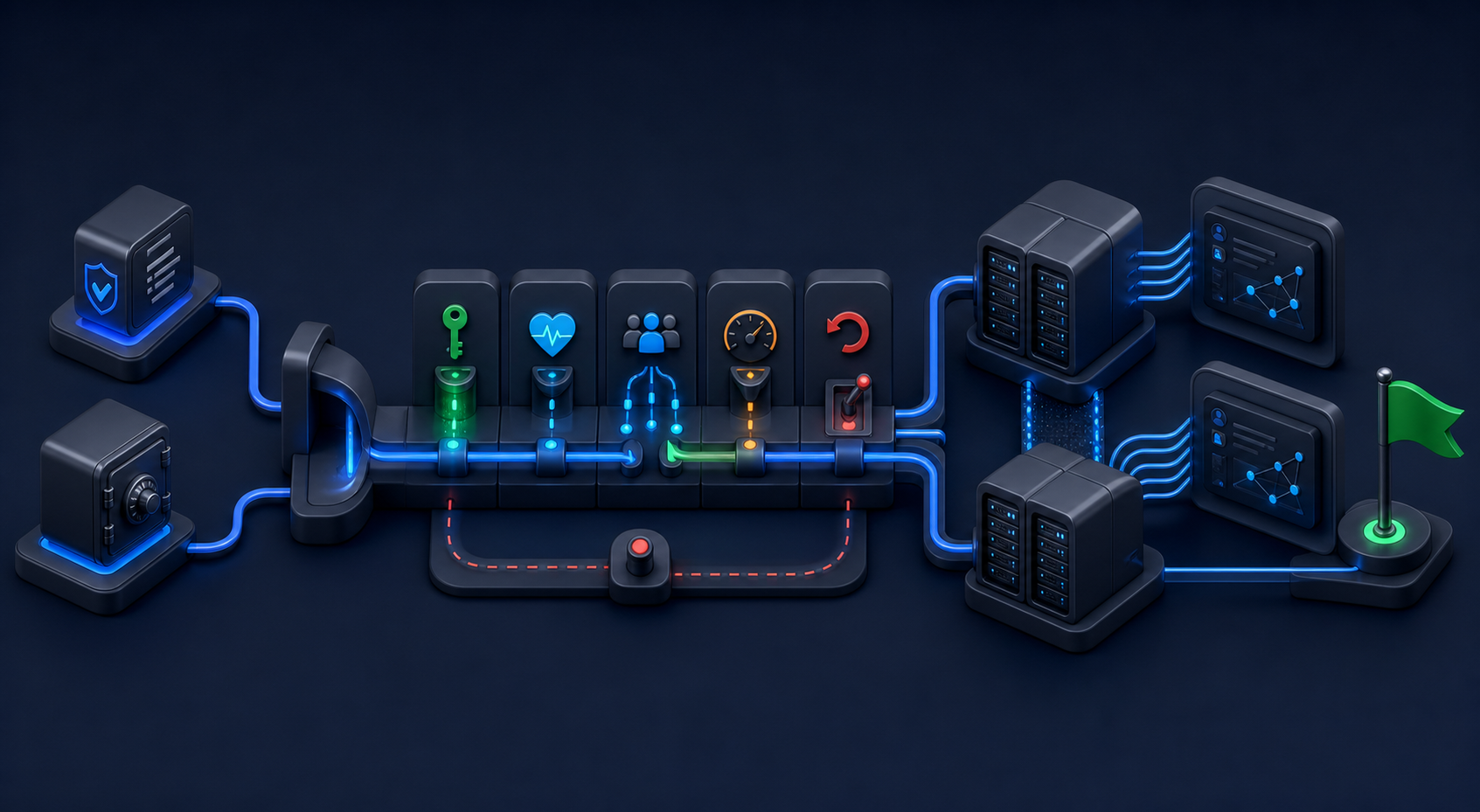 Production MCP deployment pipeline with secrets, health checks, canary traffic, rate limits, rollback, and redundant servers