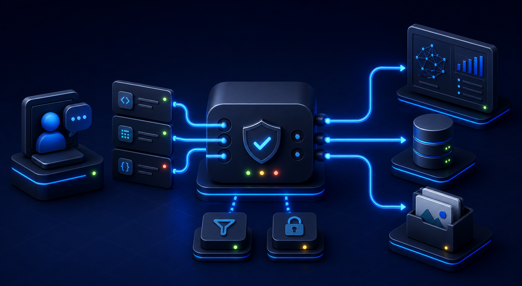Isometric architecture showing an AI client, secured MCP server, SitecoreAI APIs, tenant data, and content destination