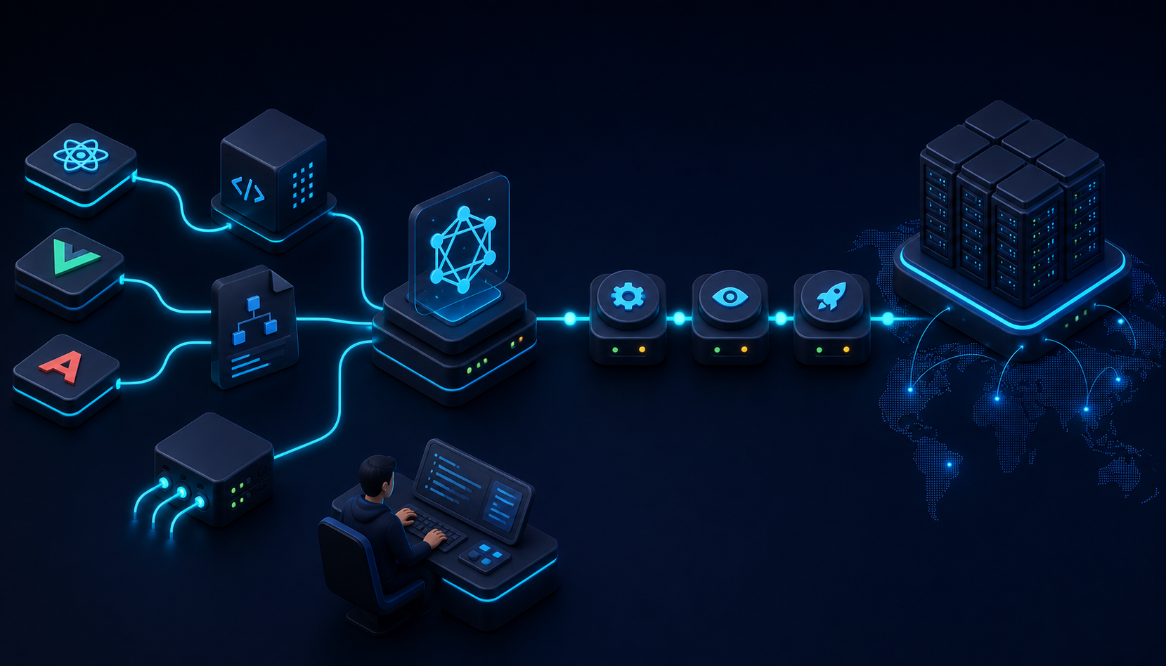 Isometric developer workflow comparing APIs, preview, deployment, and edge delivery