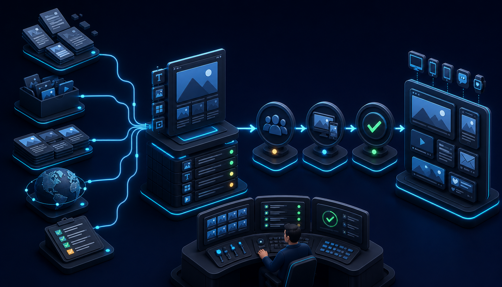 Isometric content operations flow from briefs and assets through authoring, review, and publishing