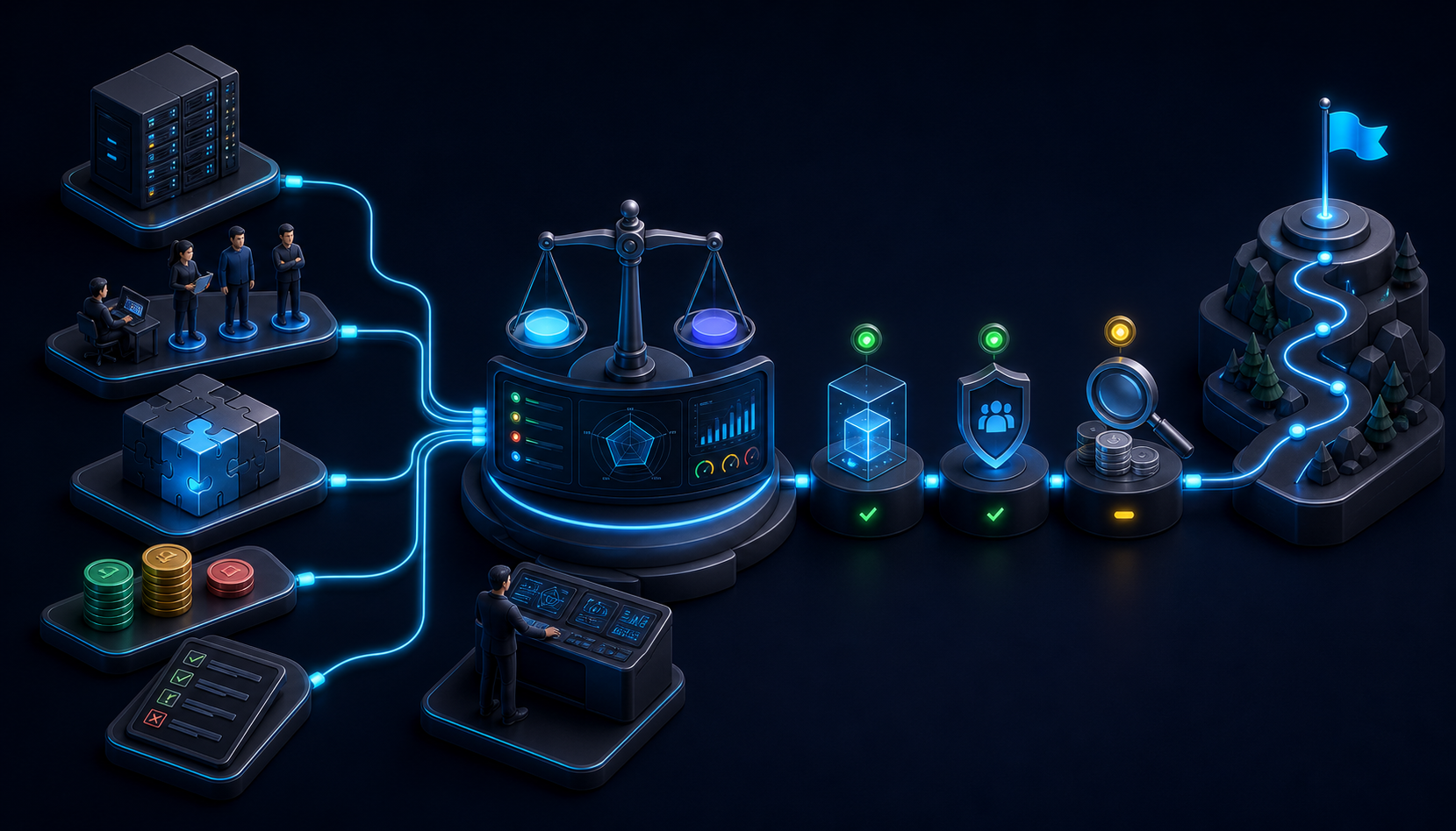 Isometric decision flow weighing architecture, teams, migration risk, governance, and cost