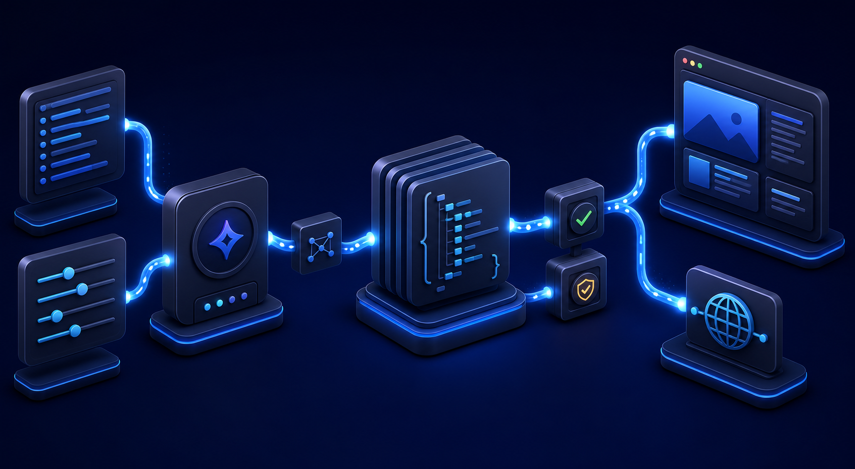 Isometric SitecoreAI workflow connecting prompts, schema validation, templates, and an API destination.