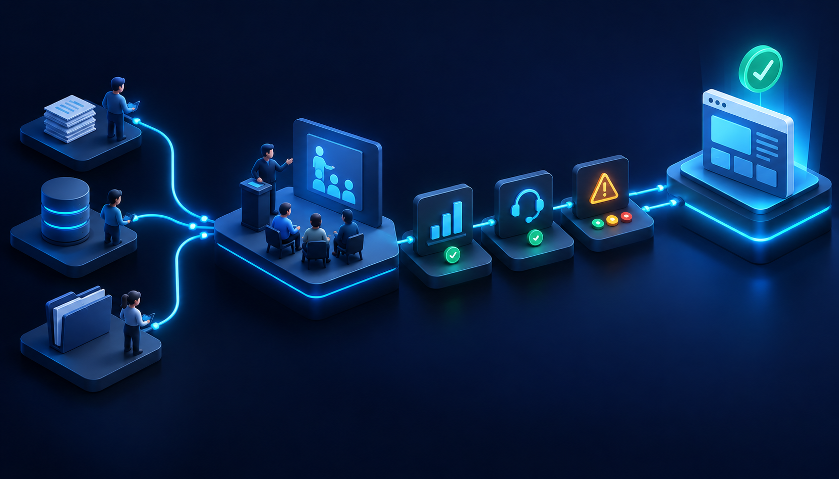 Isometric controlled cutover from legacy Explorer workflows through pilot, training, metrics, and support to stable Content mode adoption.