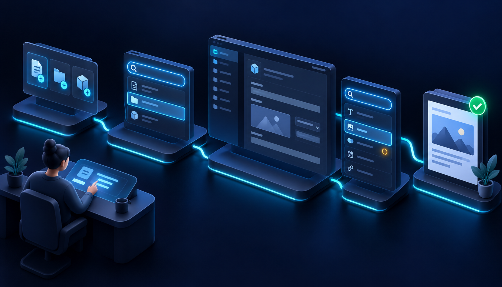 Isometric Page Builder Content mode workflow for creating, searching, opening, and editing content.