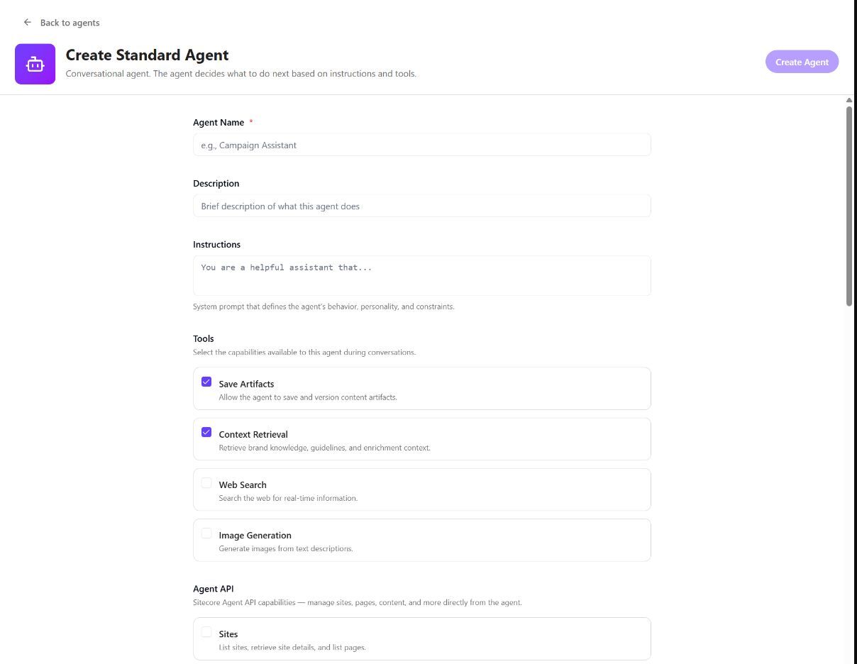 SitecoreAI Create Standard Agent interface with instructions, tools, and Agent API capabilities