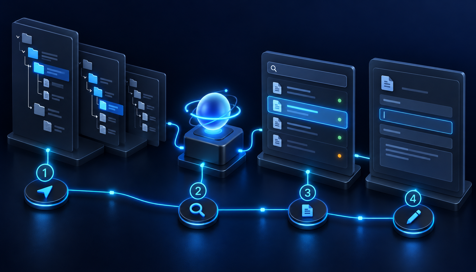 Isometric comparison of Explorer tree navigation transforming into focused Page Builder Content mode search and editing.
