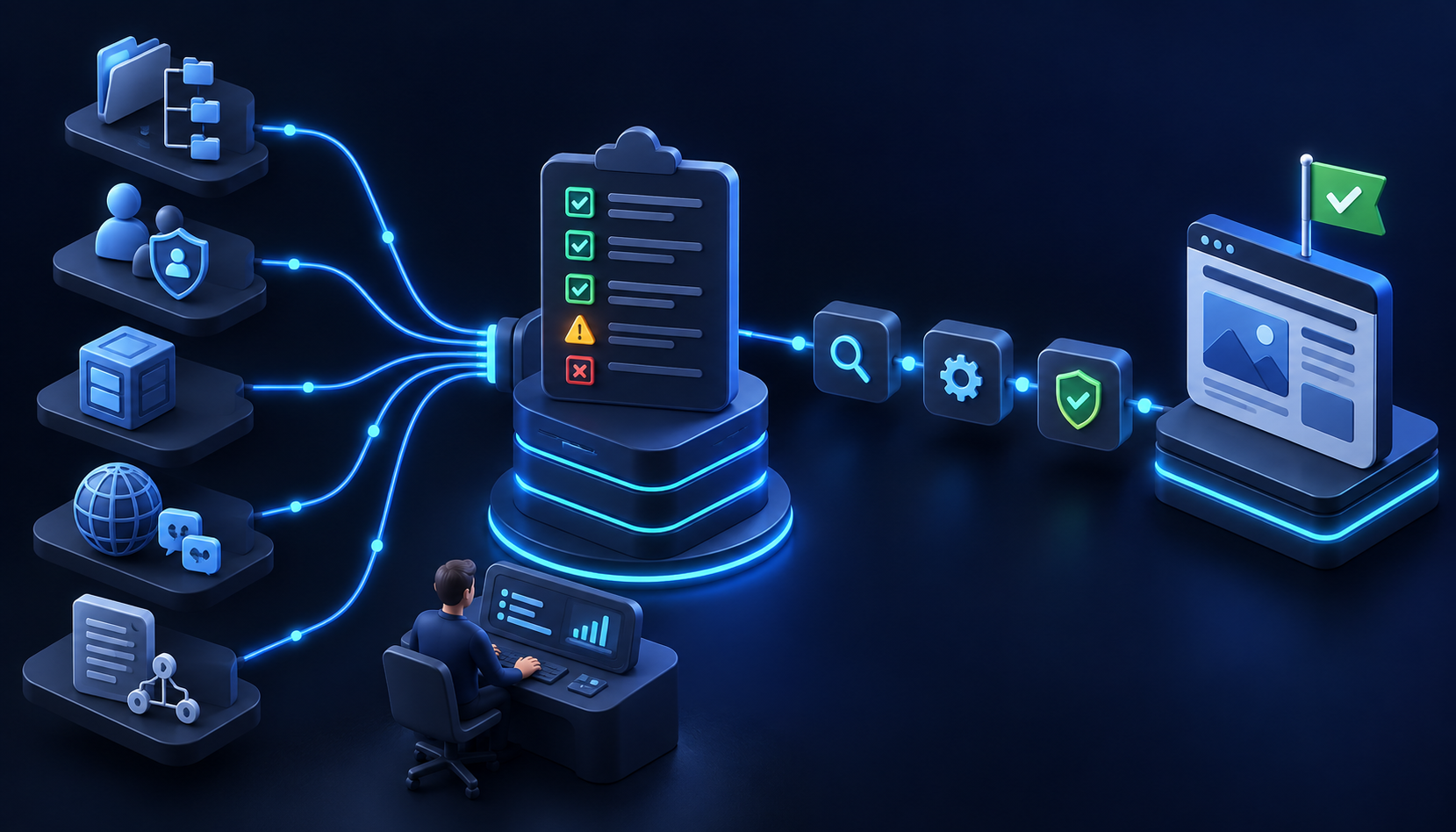 Isometric migration readiness workflow mapping Explorer tasks, permissions, templates, languages, and workflows to target tools.