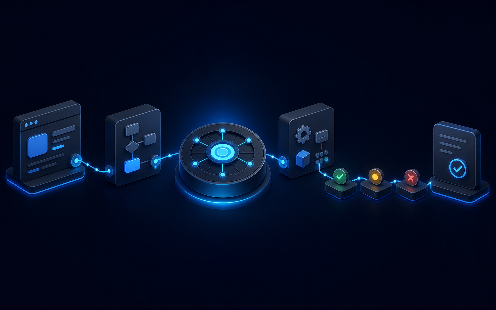 Isometric application and workflow nodes connected through a trace hub to a final execution record.