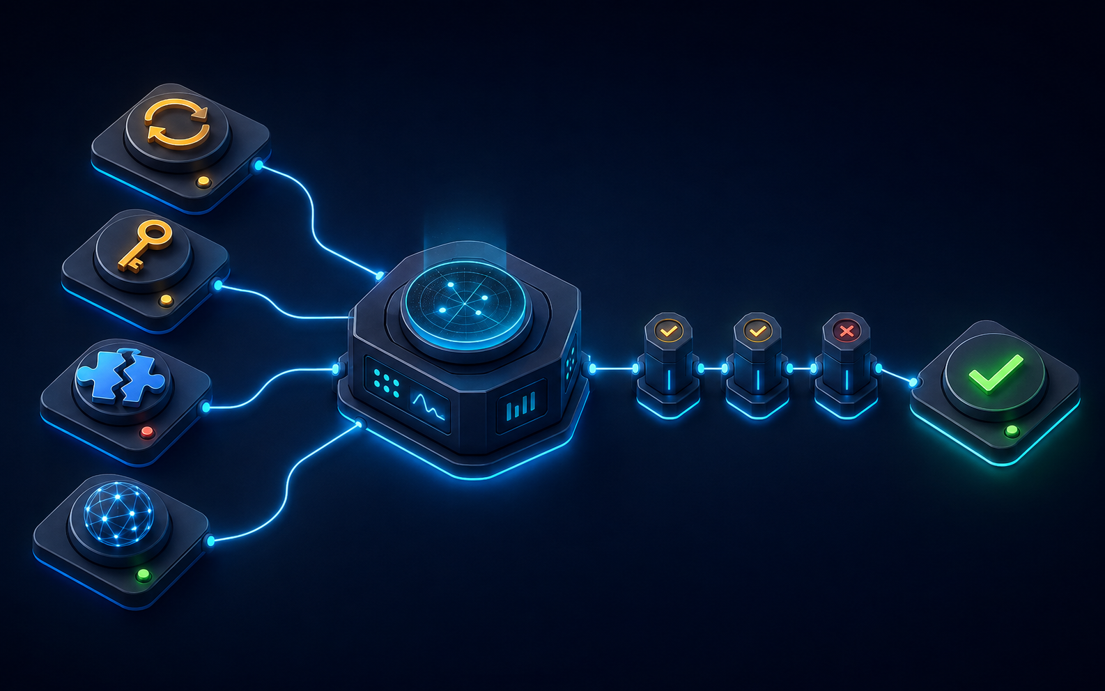 Transient, identity, contract, and model failure signals converge at a triage console.