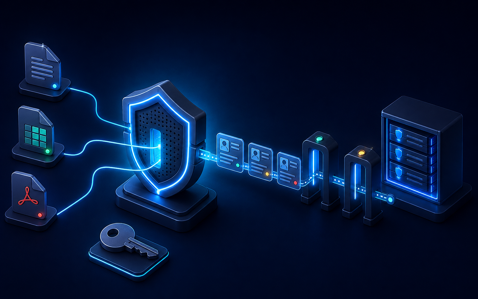 Structured records pass through a privacy filter before reaching protected log storage.