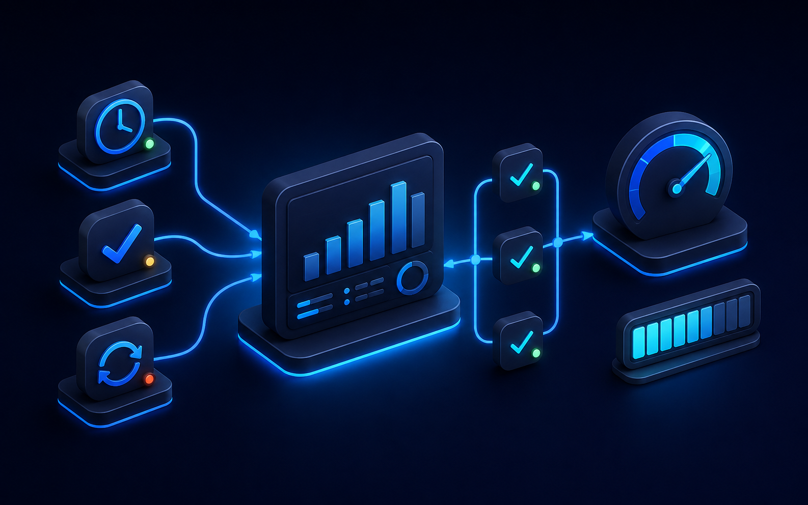 Operational signals flow into a dashboard for success, latency, retries, and resource usage.