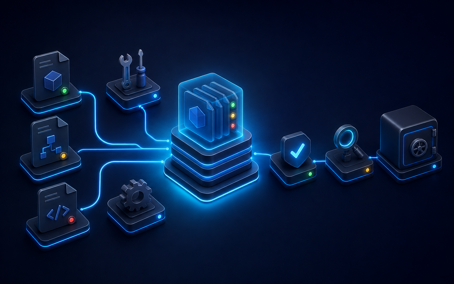 Execution steps connect to versioned artifacts, validation checkpoints, and an archive.