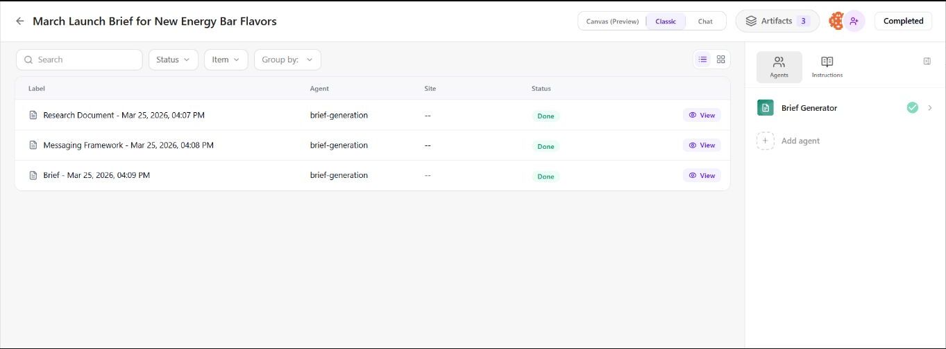 SitecoreAI Space showing generated artifacts and the agents panel