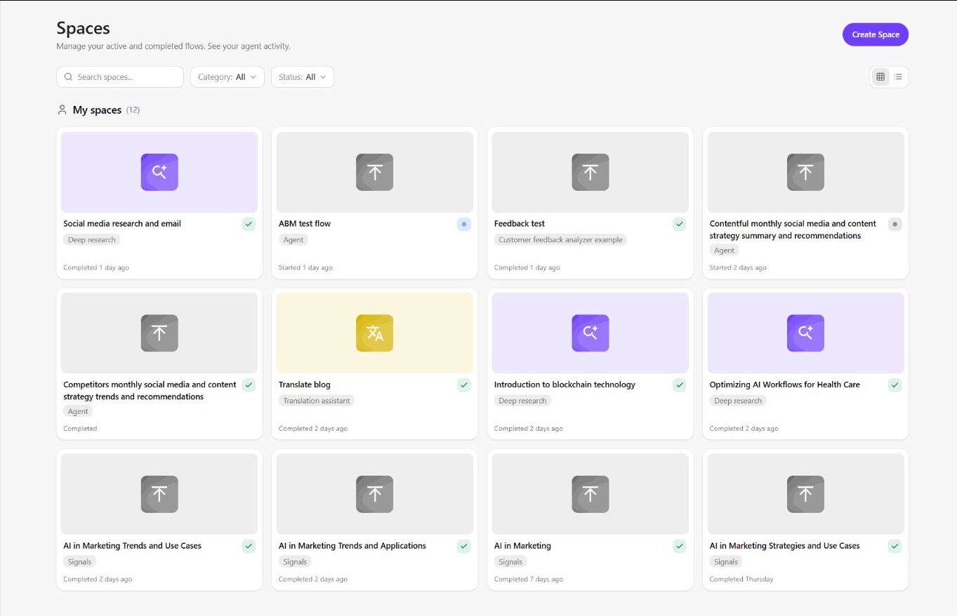 SitecoreAI Spaces page showing active and completed agent and flow work
