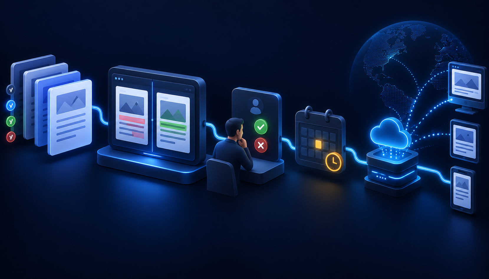 Isometric governance pipeline showing content versions, comparison, approval workflow, publishing availability, and delivery to Experience Edge.