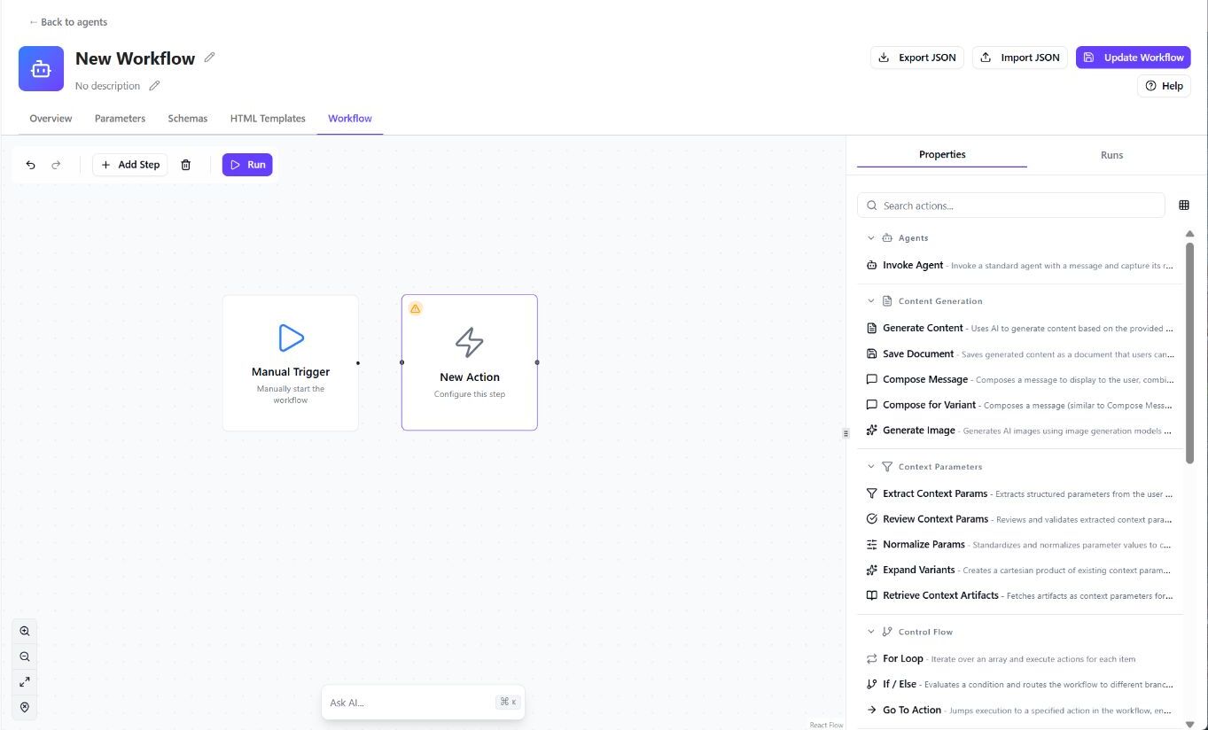 SitecoreAI workflow agent builder showing a manual trigger, actions, and control flow options