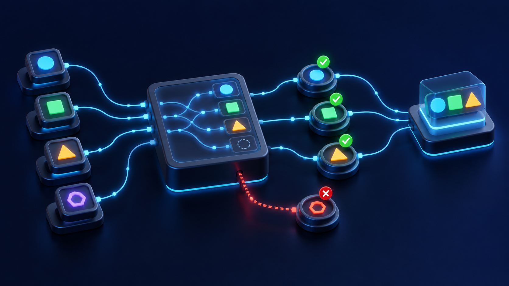 structured field tokens routed through a mapping adapter to matching slots, unmatched token stopped