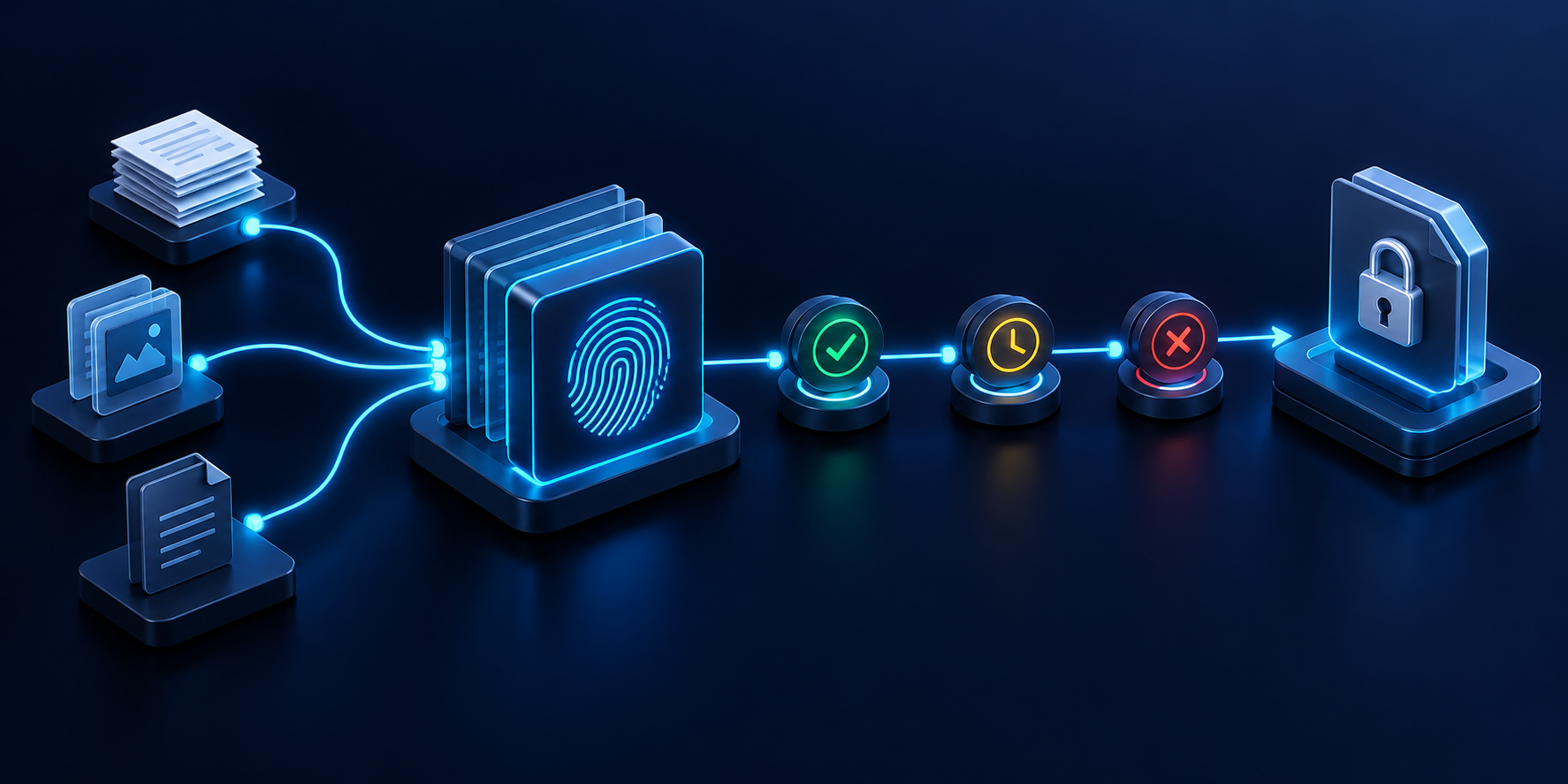 source documents converge to provenance ledger with fingerprint then locked content item