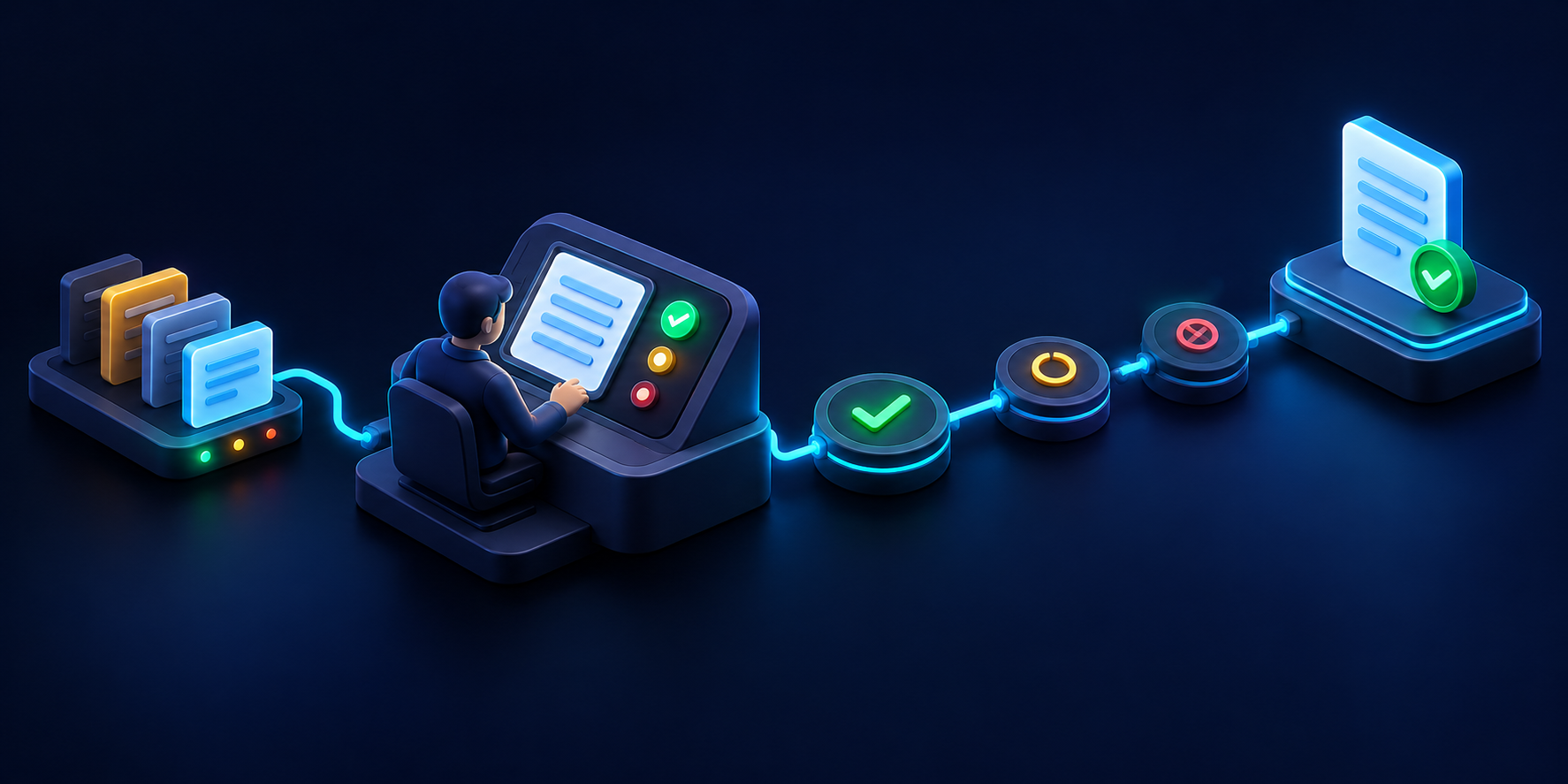operator handles short review queue through green checkpoint to page