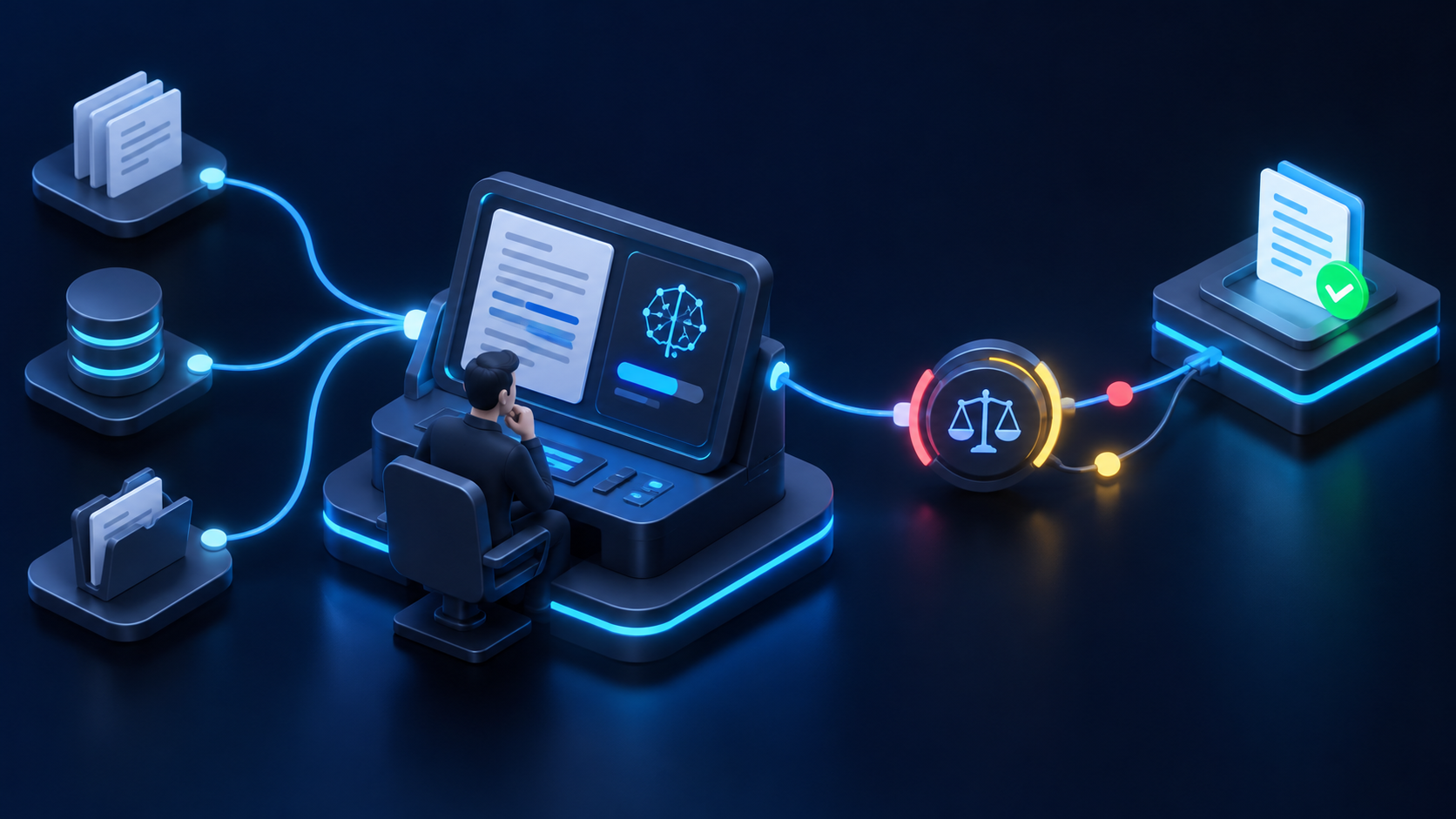 human reviewer at console inspects draft and model score through disagreement checkpoint