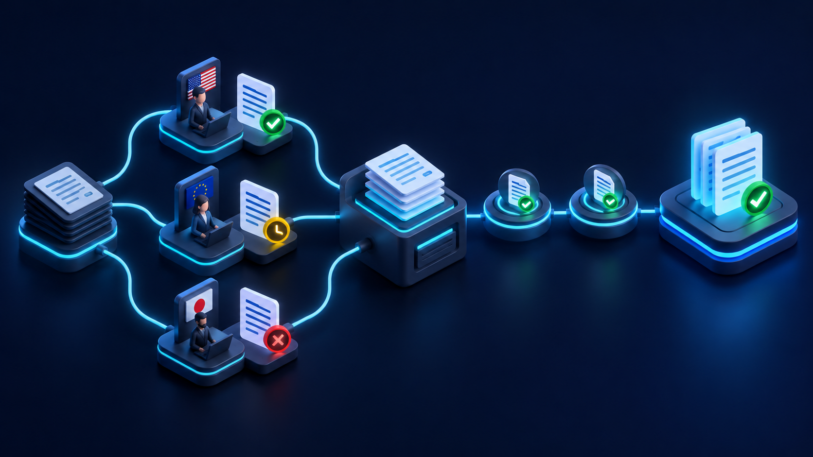 translated drafts pass separate regional reviewer and approval gates
