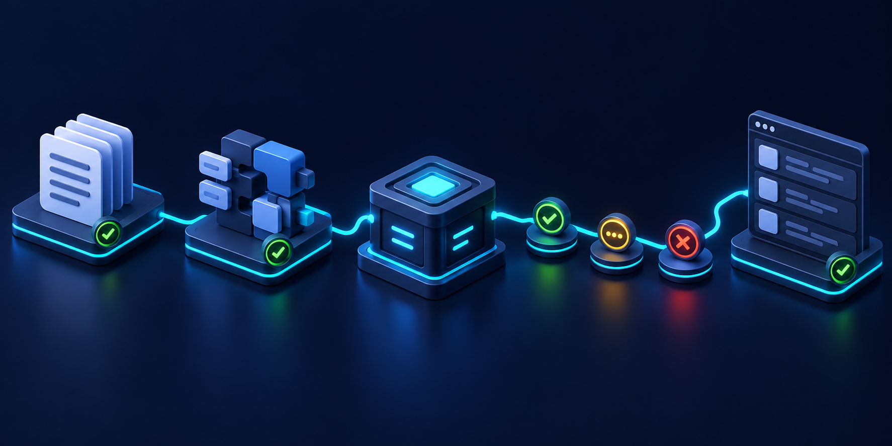 structured data producer represented by document stack, schema adapter represented by interlocking field-shaped blocks, and UI renderer represented by abstract browser panel with blank geometric rows, each on platform with synchronized version badges; no cameras, no landscape imagery