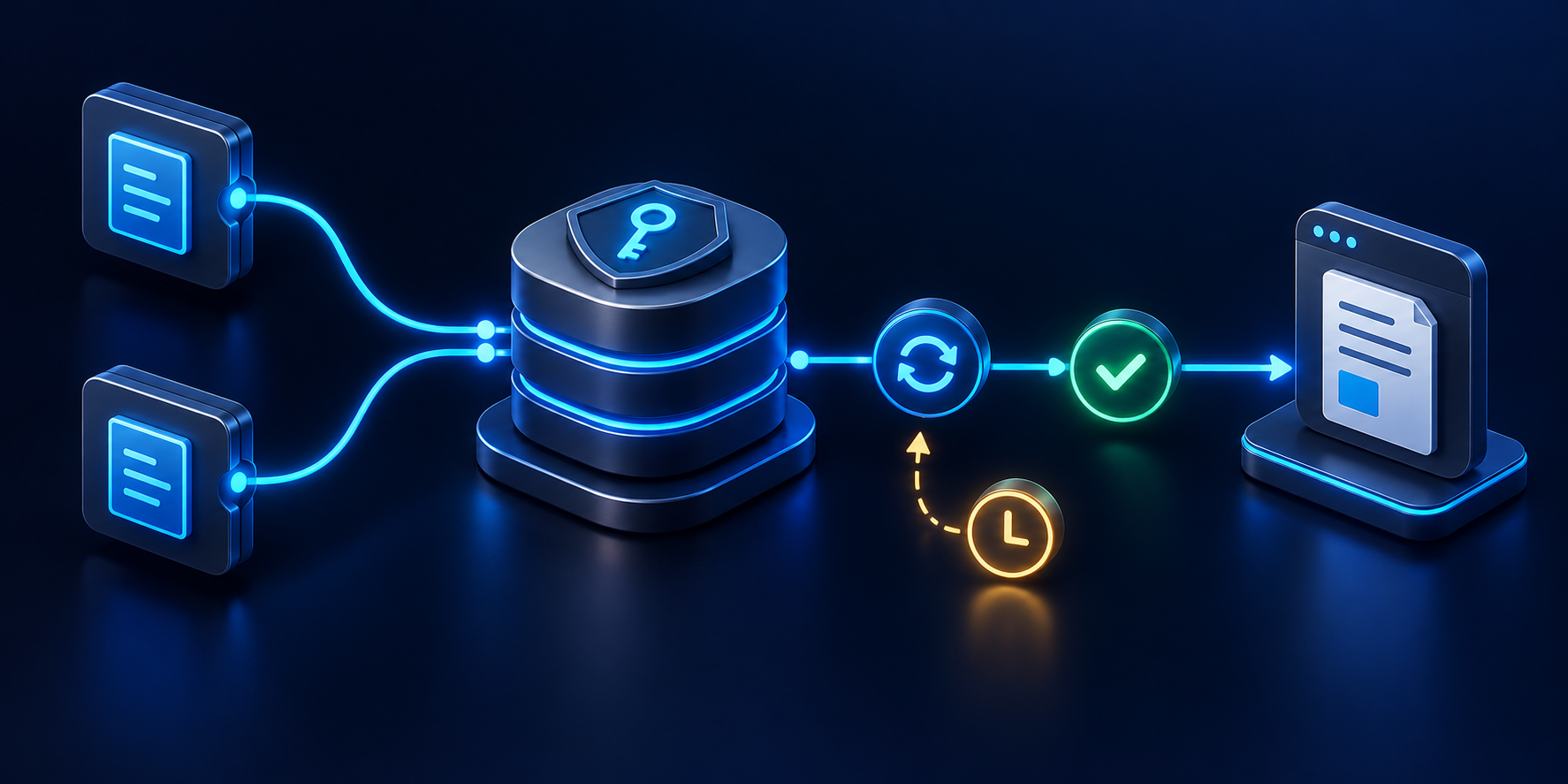 Duplicate requests converge through a ledger and checkpoints into a single result.
