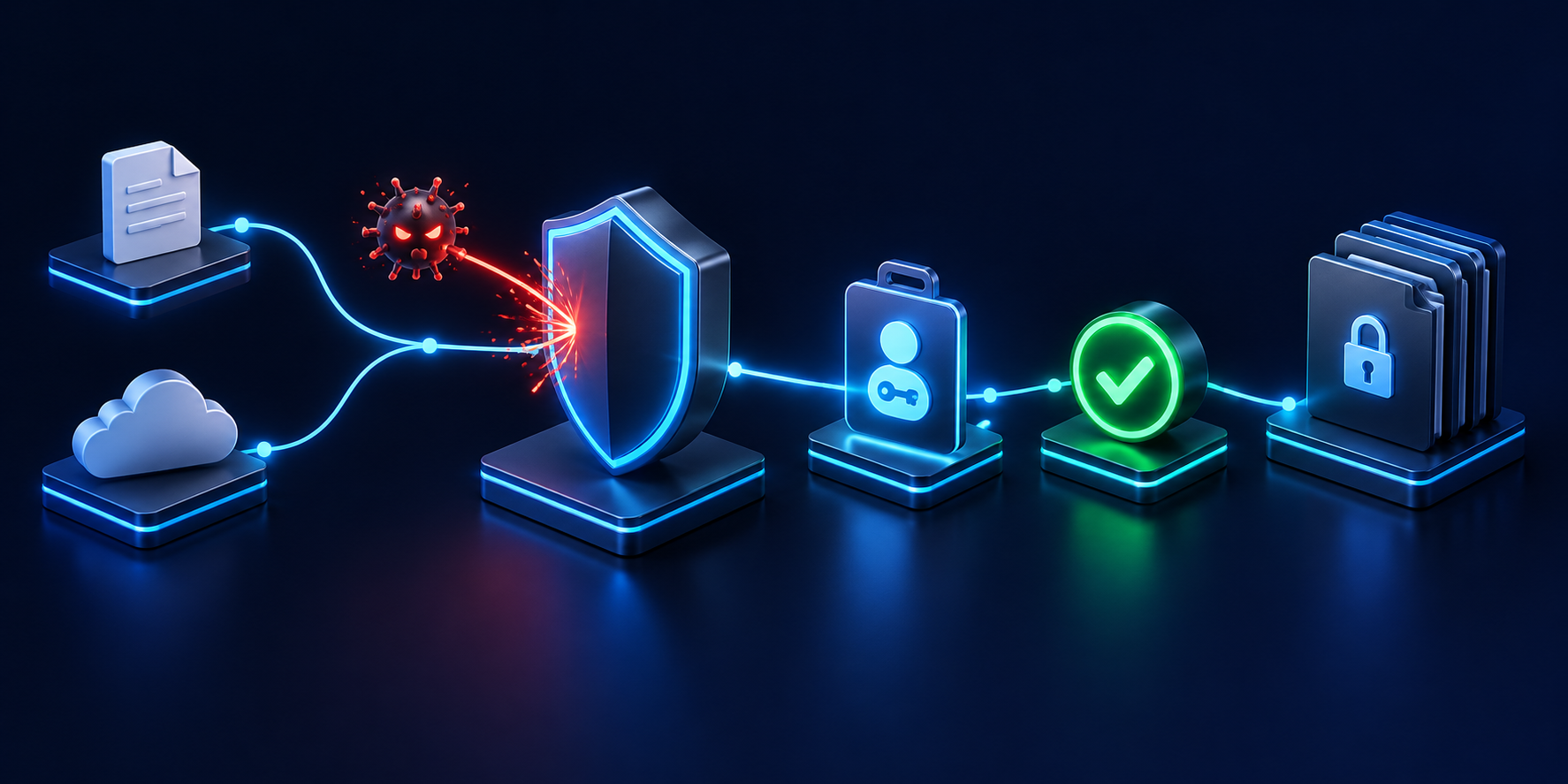 A permission gate blocks hostile input while approved requests reach a protected destination.