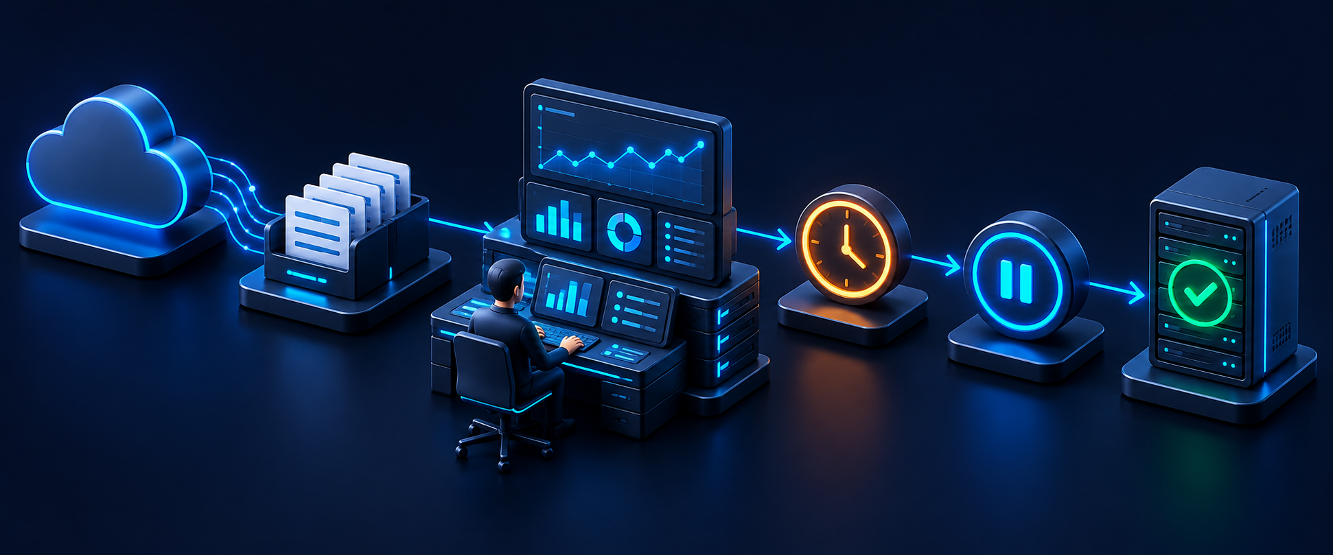 An operator monitors a workflow with time limits, pause controls and delivery checkpoints.
