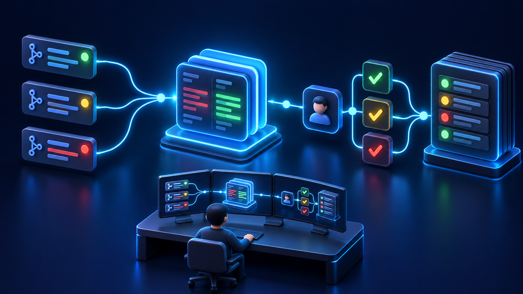 Change proposals converge into a diff artifact, pass human review and decision checkpoints, and enter an audit ledger overseen by an operator.