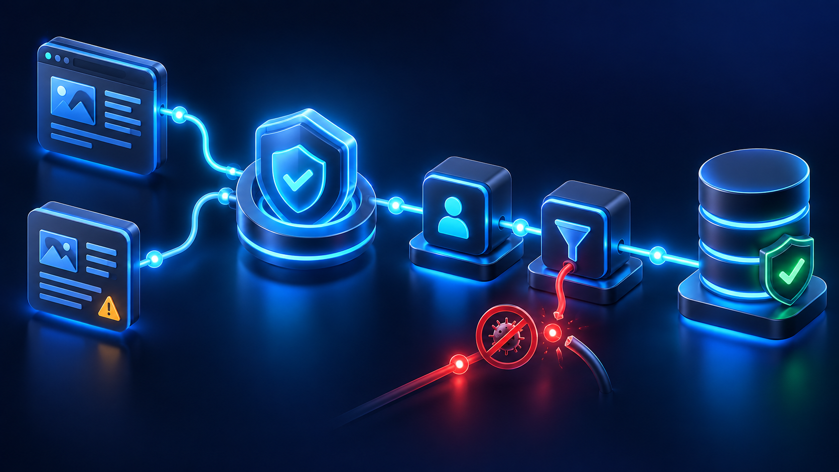 External web and document content flows through a protected connector, identity validation and a filter, while an unsafe connection is severed before reaching a database.