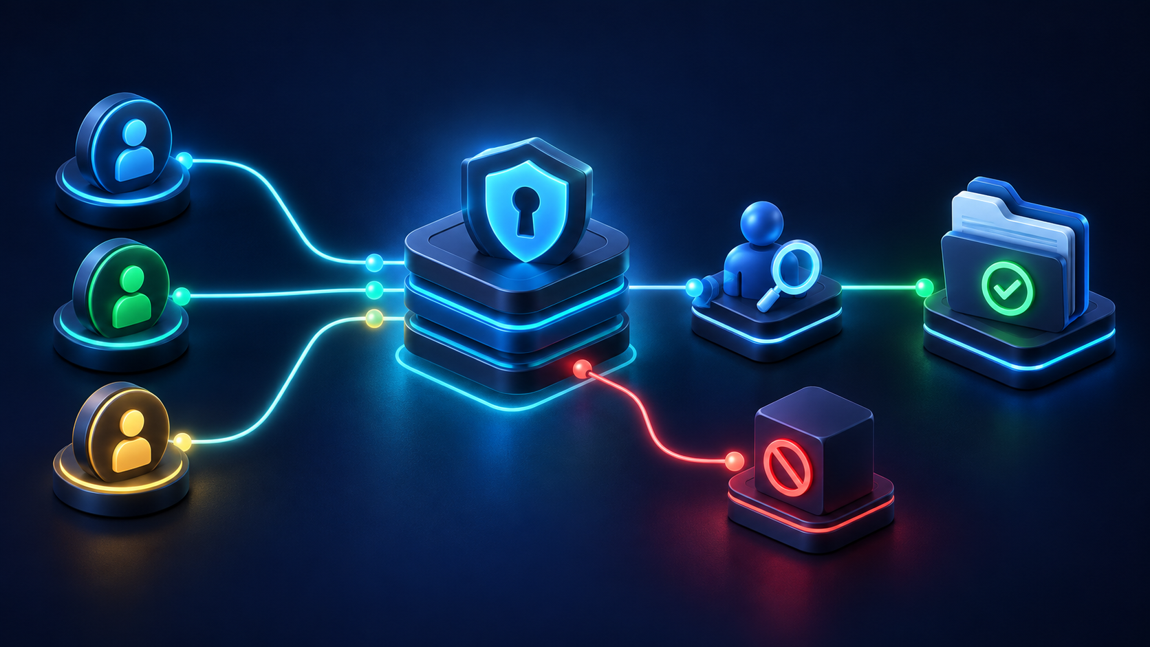 Identity tokens pass through a layered access-control shield toward an approved content folder, while an unauthorized branch is blocked.