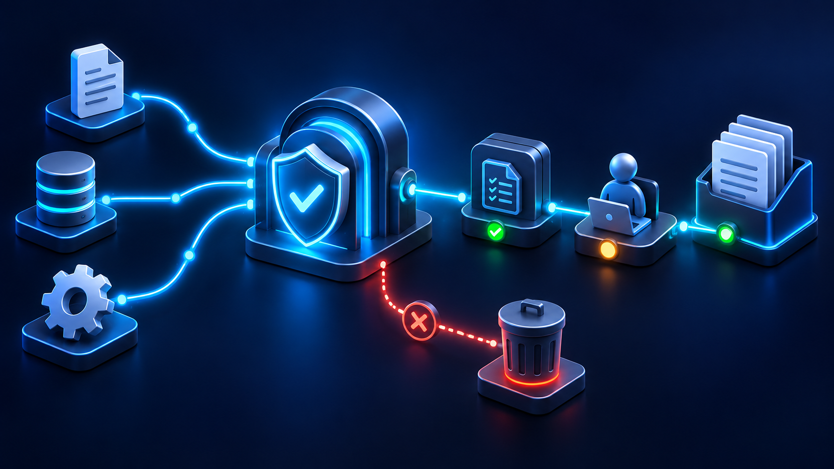 Content and tool inputs pass through a policy gateway, validation and human review toward drafts; a deletion branch is blocked.