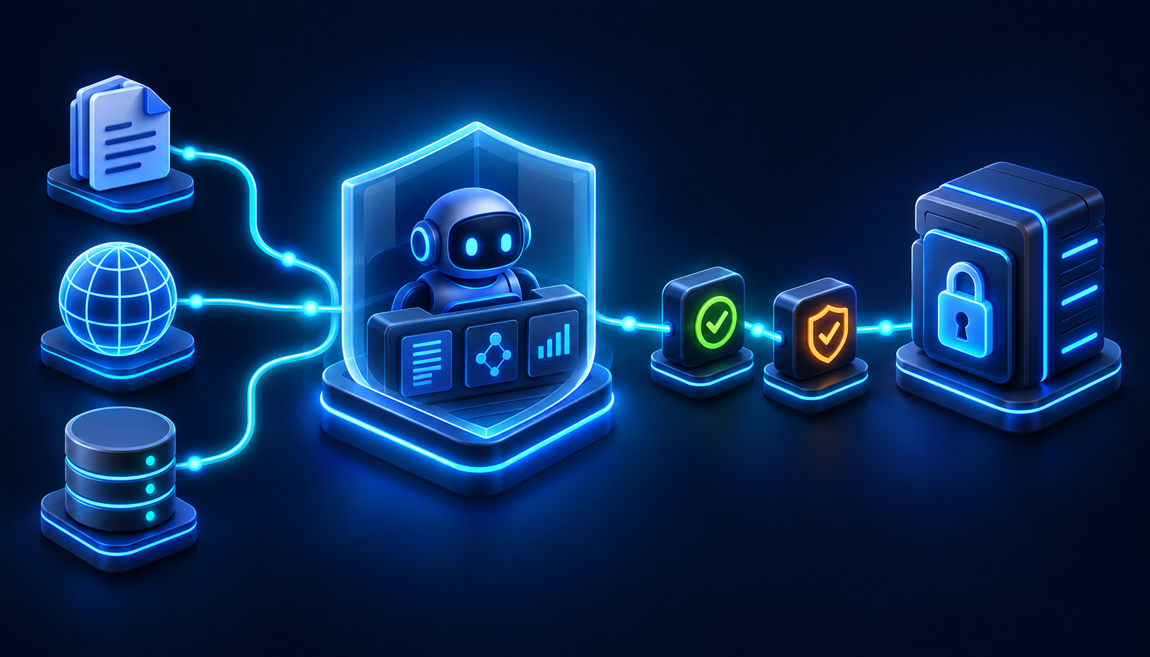 External documents, website content and a database feed a shielded agent, followed by authorization checkpoints and a locked content destination.
