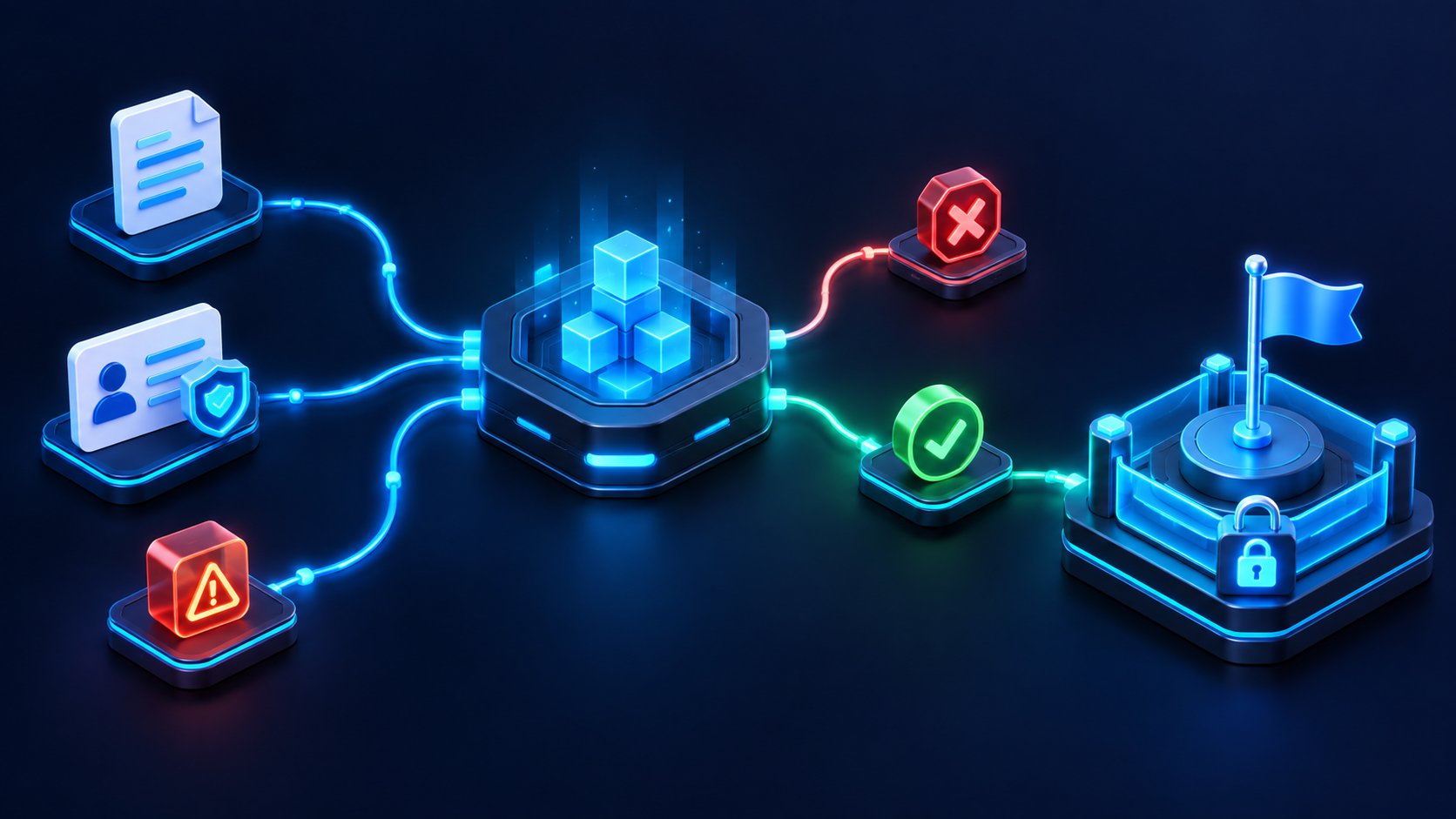 Test inputs enter a validation console, split into blocked and passed outcomes, and lead to a deployment platform protected by a locked perimeter.