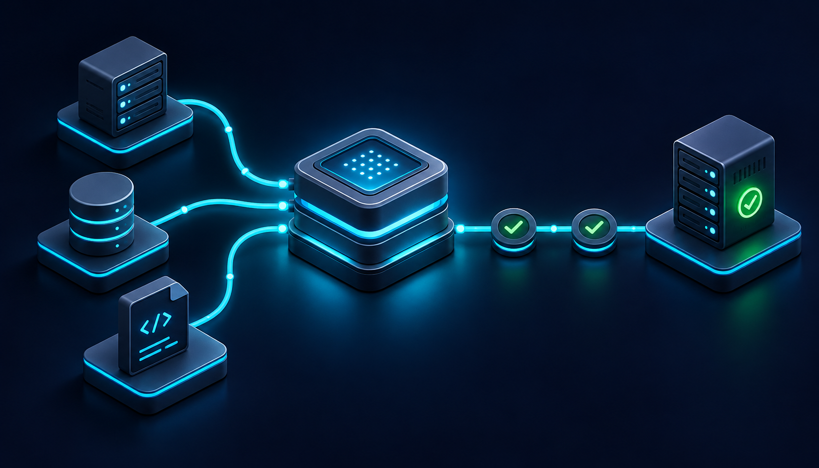 Conceptual illustration of server, database, and code dependencies flowing through approval to a target environment.