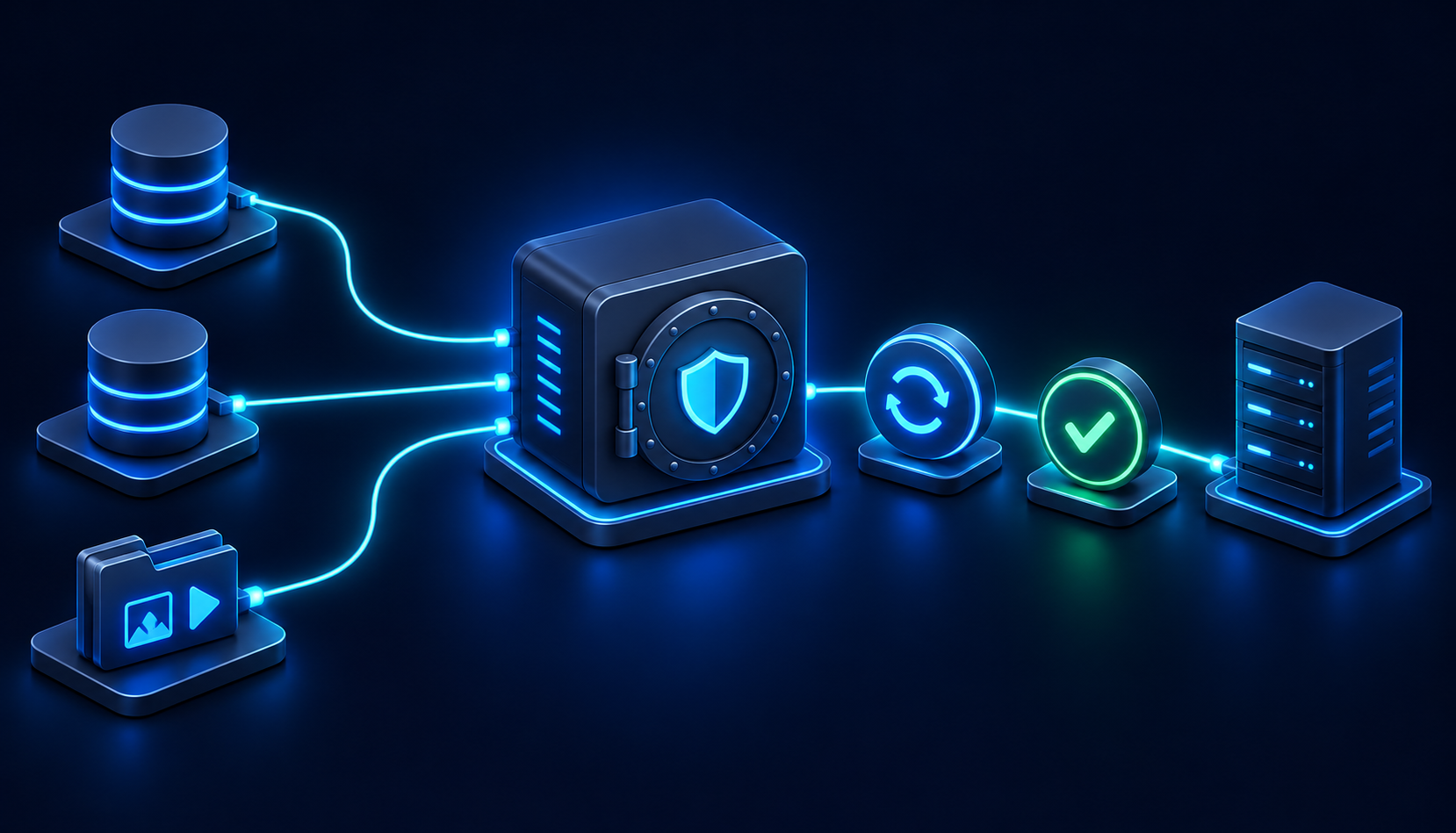 Conceptual backup boundary: databases and media enter a protected vault, followed by restoration checks and an isolated recovery server.