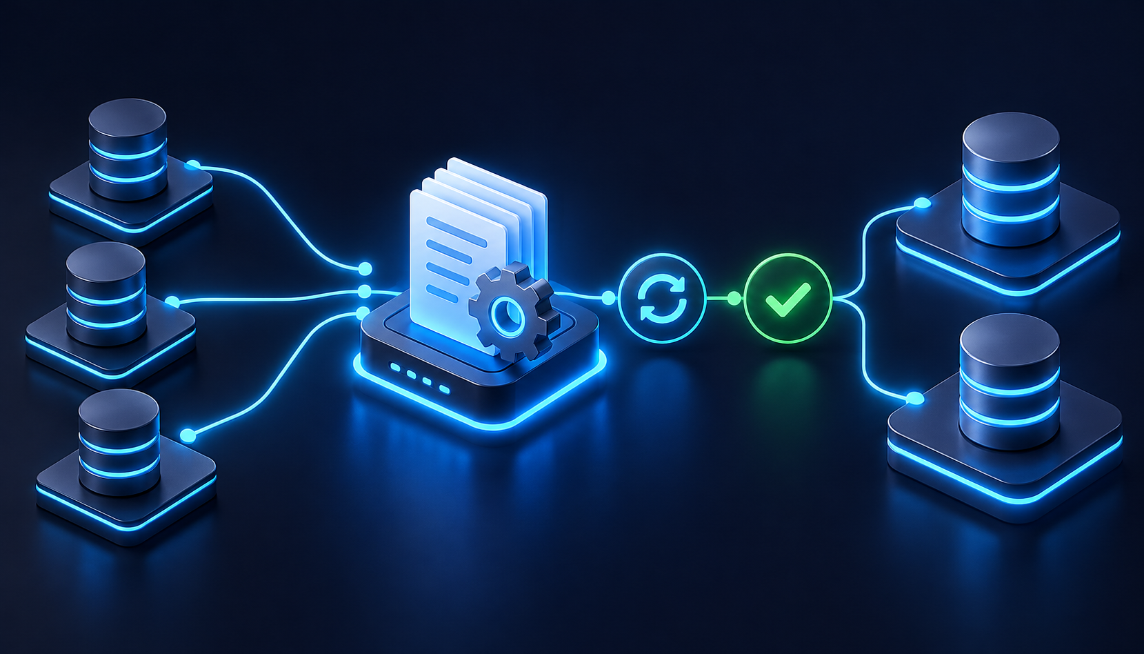 Conceptual database upgrade flow from isolated database copies through script execution and validation to the upgraded estate.